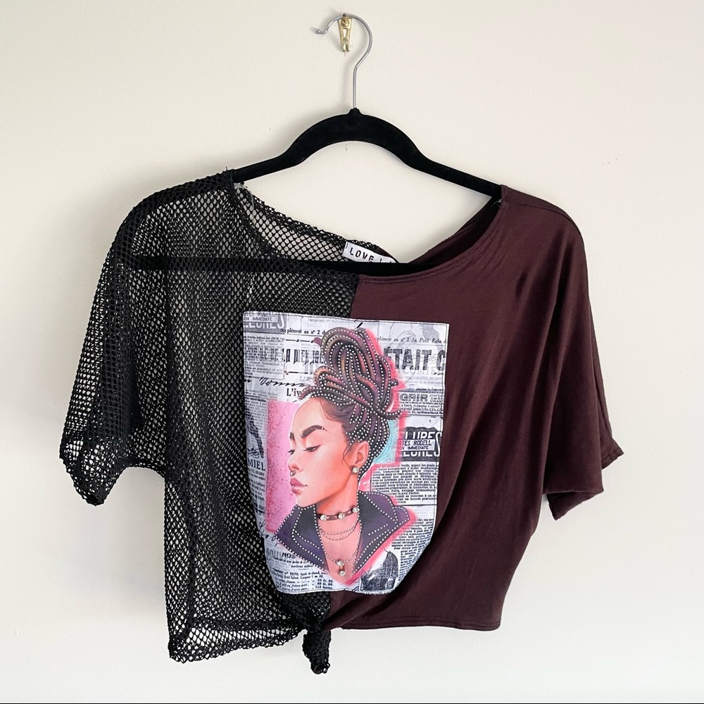 Brown and black graphic Jeweled netted cropped net top